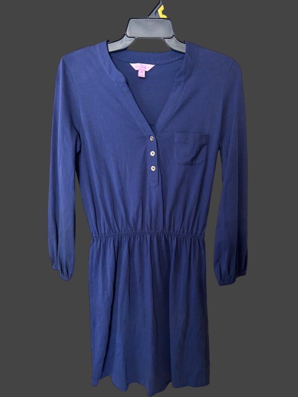 Lilly Pulitzer XS Navy Pima Cotton Knit Shirt Dress Long Sleeve Henley Pocket Pr